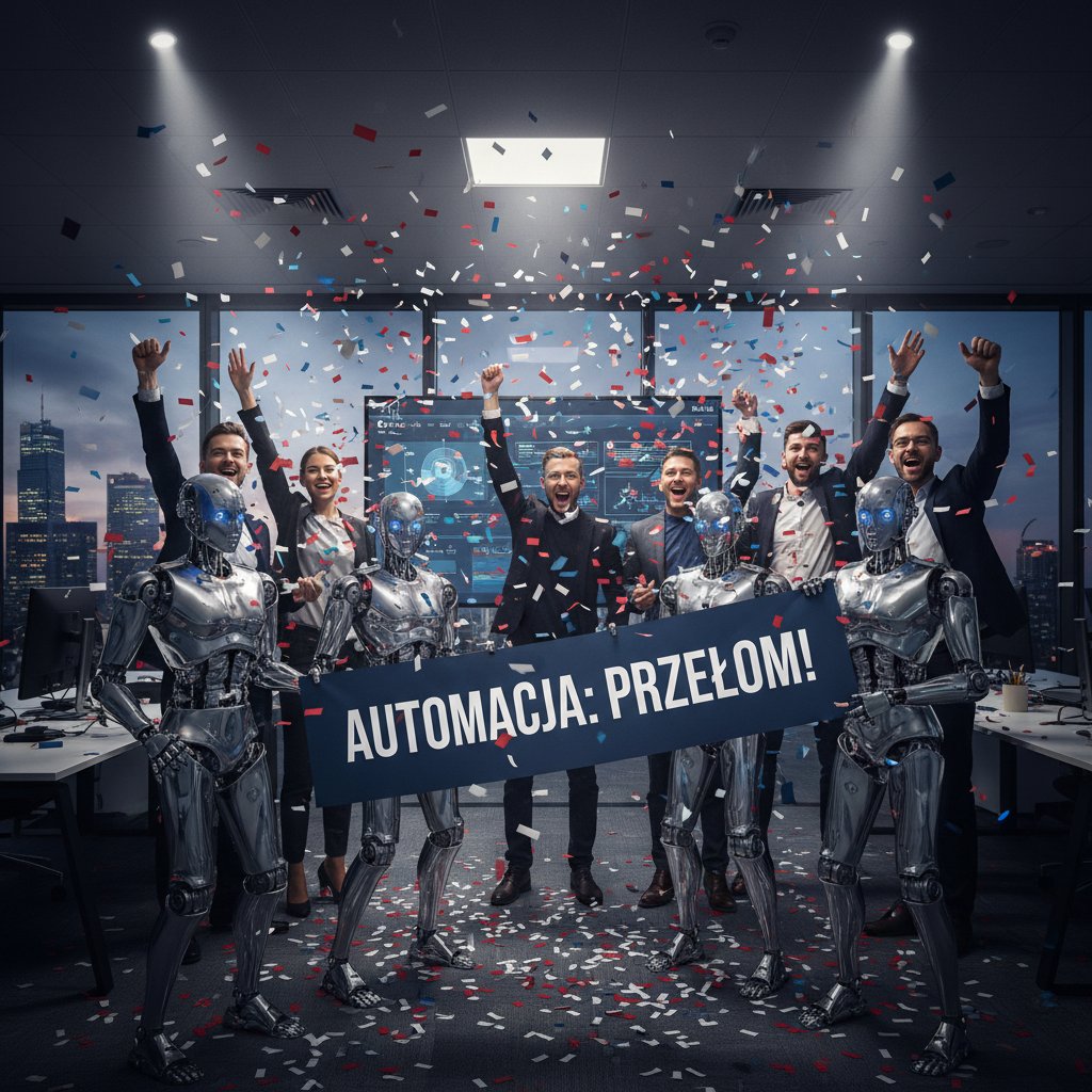 Polski zespół biurowy świętujący udane wdrożenie automatyzacji, konfetti i roboty razem – sukces robotyzacji pracy biurowej w Polsce