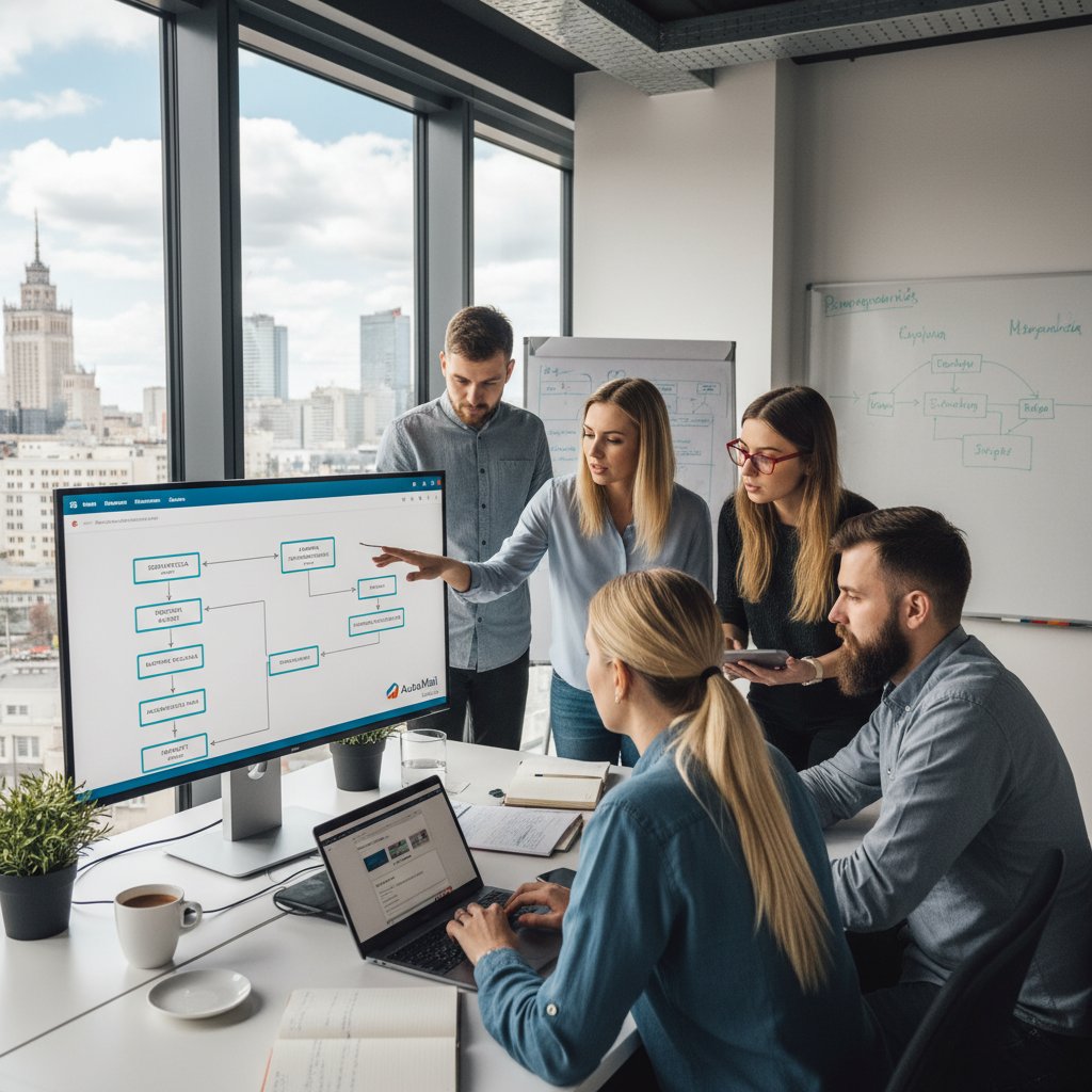 Zespół polskich pracowników analizujący wdrożenie systemu automatycznych odpowiedzi email