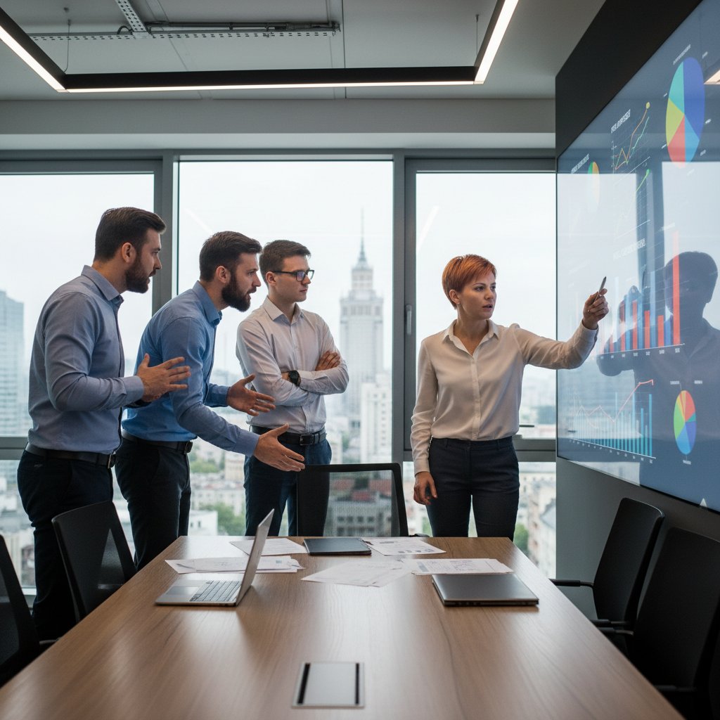 Zespół biurowy podczas burzliwej dyskusji o zmianach w operacjach