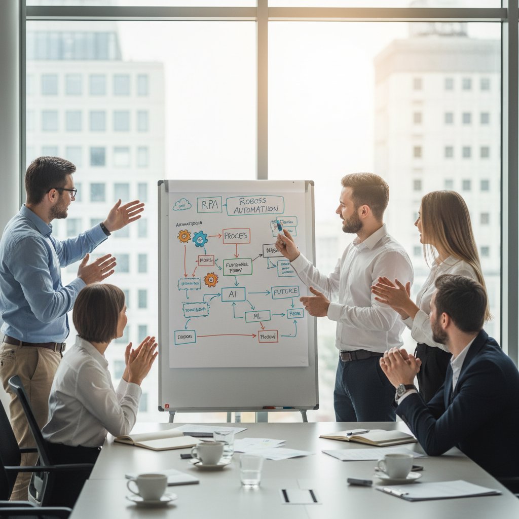 Energetyczny zespół biurowy pracujący przy whiteboardzie z diagramami procesów robotycznych – wdrożenie automatyzacji biura w Polsce