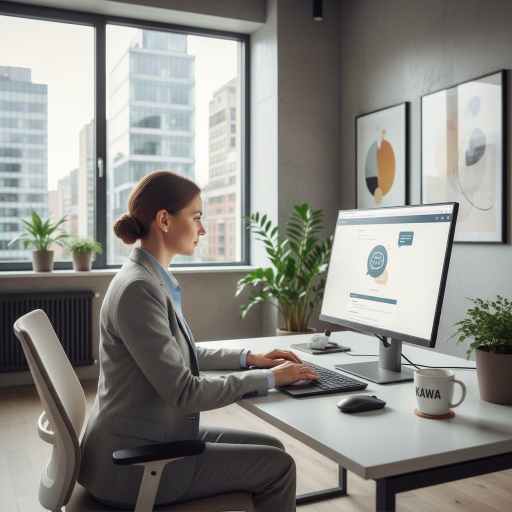 Polski pracownik biurowy korzystający z czatbota AI na laptopie, nowoczesne biuro