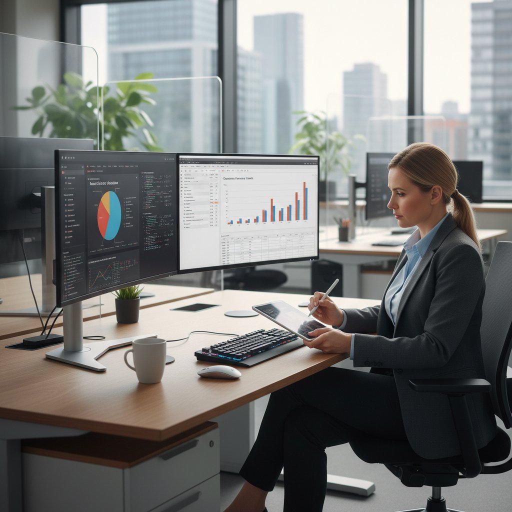 Pracownik biurowy analizujący dane cyfrowe na tle nowoczesnego biura, kompetencje cyfrowe w pracy