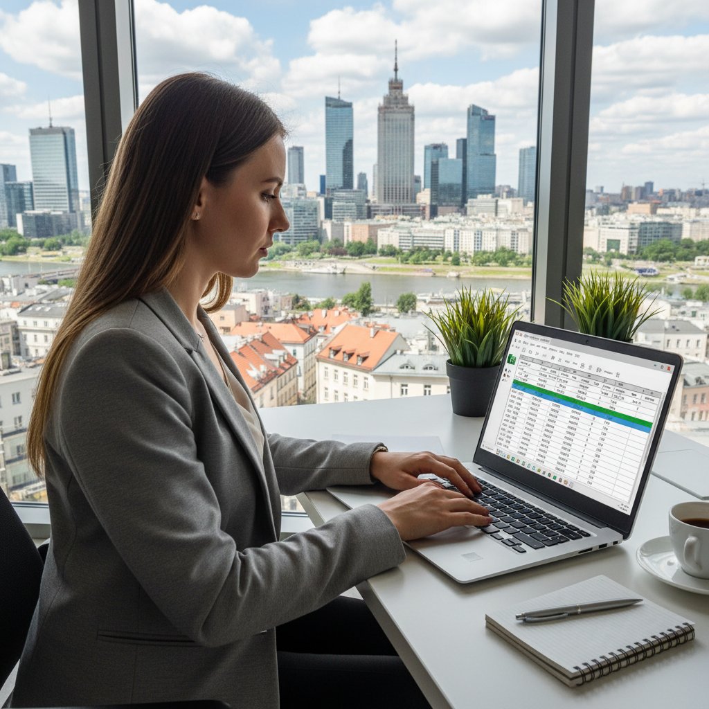 Polski pracownik korzystający z Excela w miejskim biurze, nowoczesny laptop, intensywne światło, tło z panoramą miasta