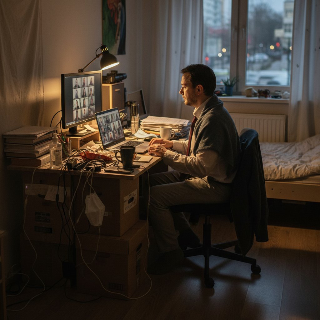 Pracownik biurowy w Polsce podczas pandemii, prowizoryczna konfiguracja wideokonferencji w domu