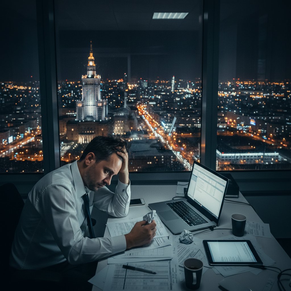Zestresowany pracownik biurowy w polskim biurze, nocą przy laptopie, twarz w dłoniach, panorama miasta za oknem