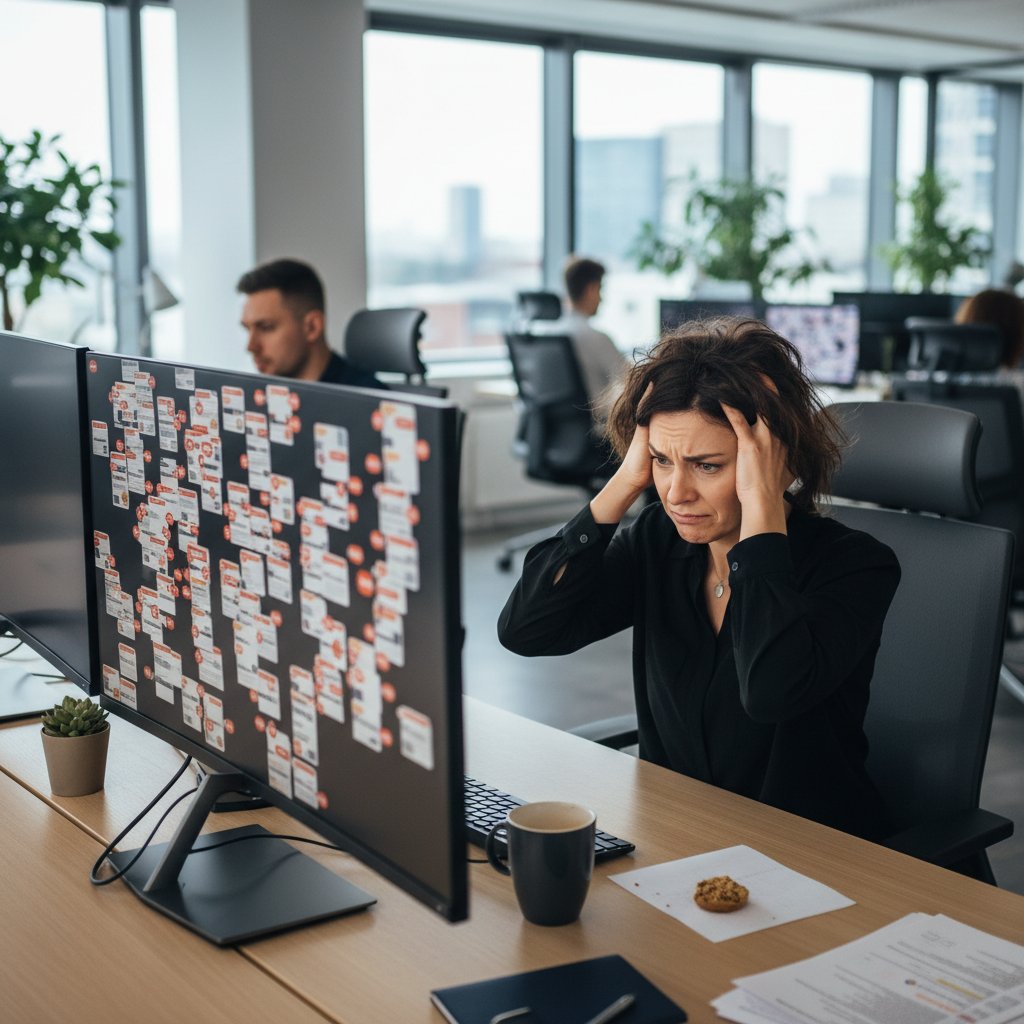 Pracownik biura przytłoczony nieprzeczytanymi mailami, nowoczesne biuro, stres i chaos