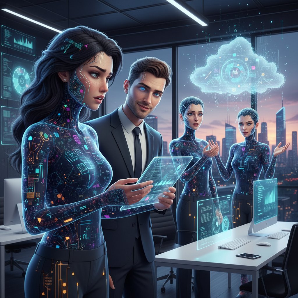 Pracownicy w polskim biurze patrzący z niepewnością i fascynacją na ekran, na którym widnieje avatar AI