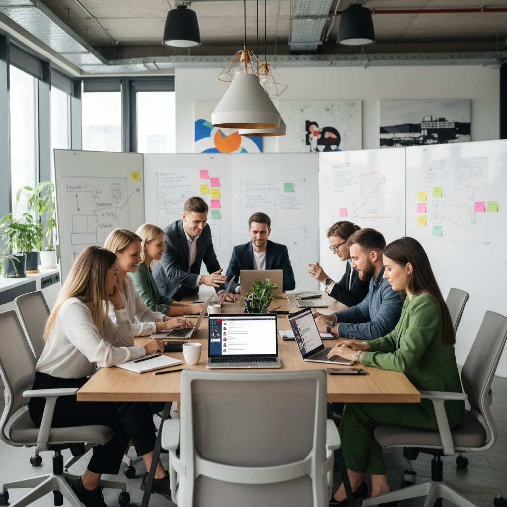 Pracownicy biurowi śmiejący się z żartów online