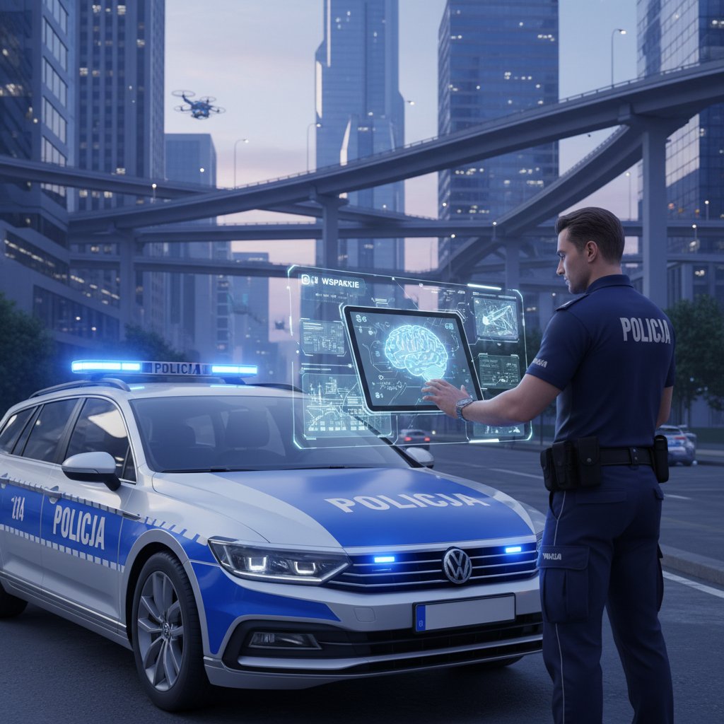 Funkcjonariusz korzystający z telefonu z aplikacją AI w radiowozie – ilustracja wsparcia technologicznego na służbie