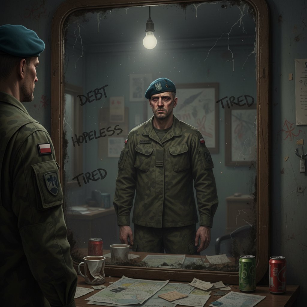 Funkcjonariusz patrzący w lustro z wyraźnym zmęczeniem na twarzy – ilustracja objawów wypalenia