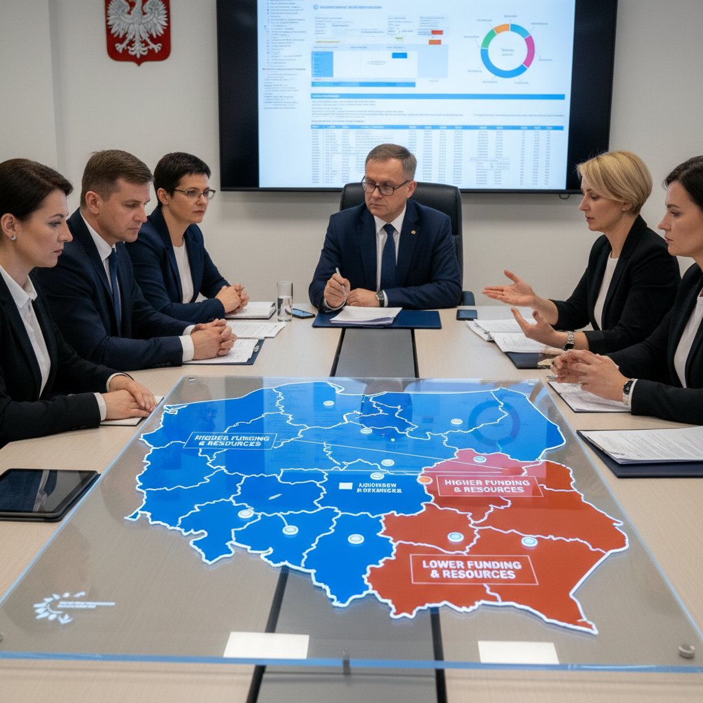 Urzędnicy i nauczyciele podczas narady na tle mapy Polski – różnice regionalne