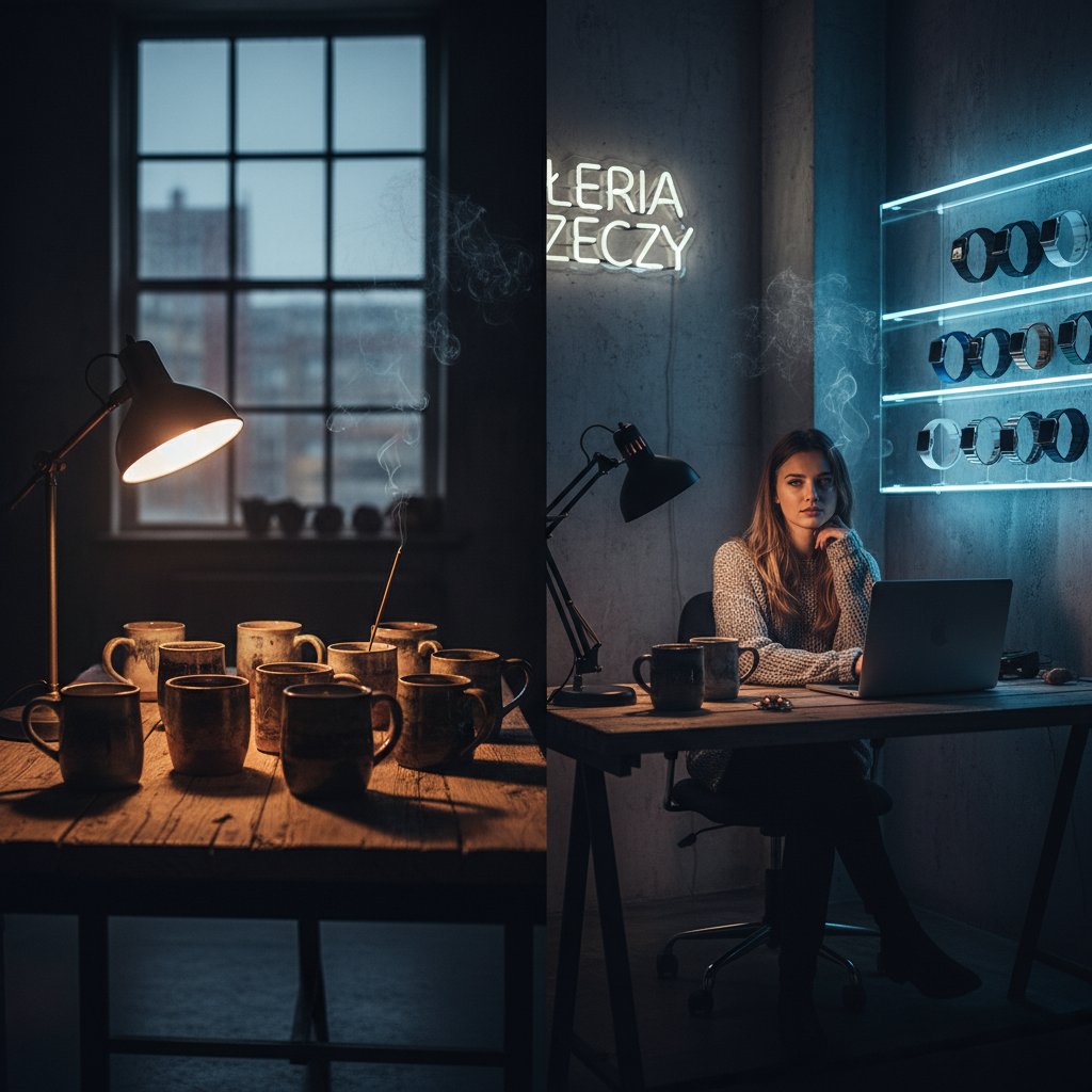 Właściciel sklepu internetowego analizujący dwie kontrastowe grafiki produktowe na ekranie – jedna nijaka, druga żywa, dramatyczny klimat, urbanistyczne biuro