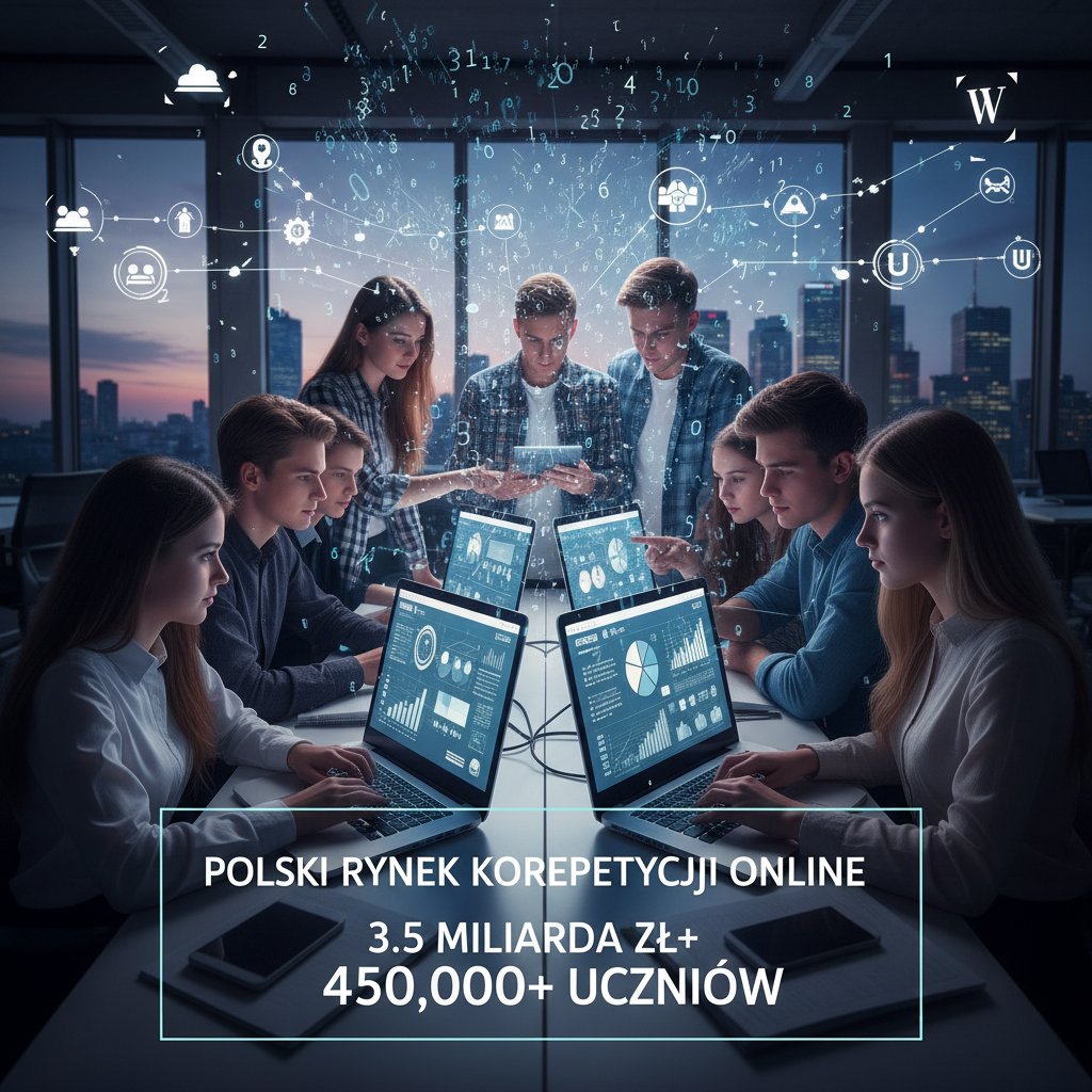 Polski rynek korepetycji online – grupa uczniów przy komputerach, tablica wyników, liczby w tle