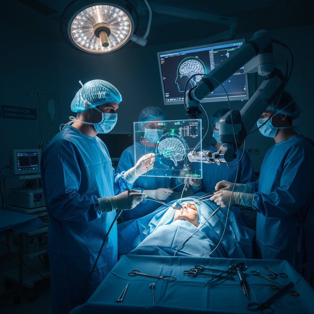 Nowoczesna sala operacyjna w Polsce z chirurgiem korzystającym z systemu nawigacyjnego, dramatyczne światło, atmosfera napięcia, fokus na interakcję człowieka i maszyny