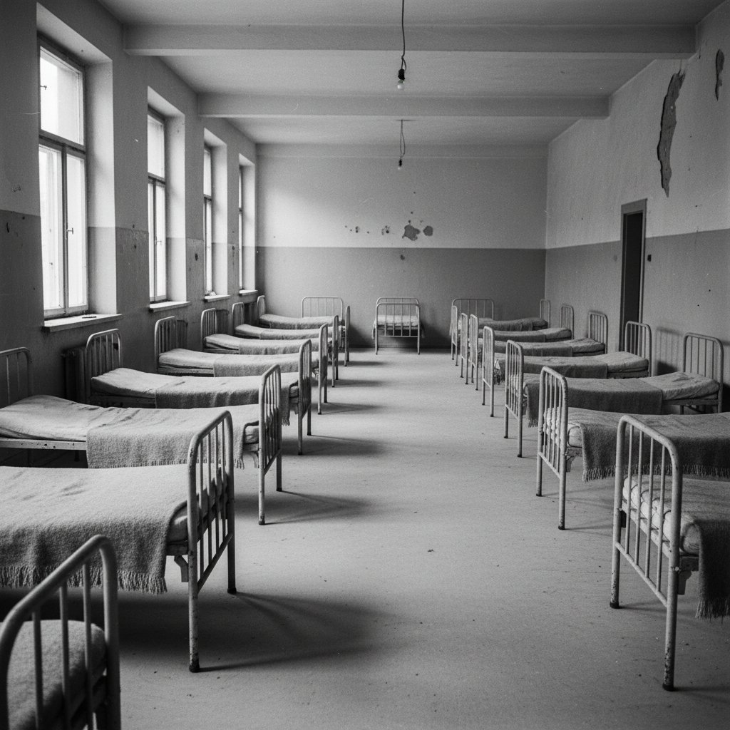 Czarno-białe zdjęcie pustych łóżek w polskim sierocińcu z lat 80.