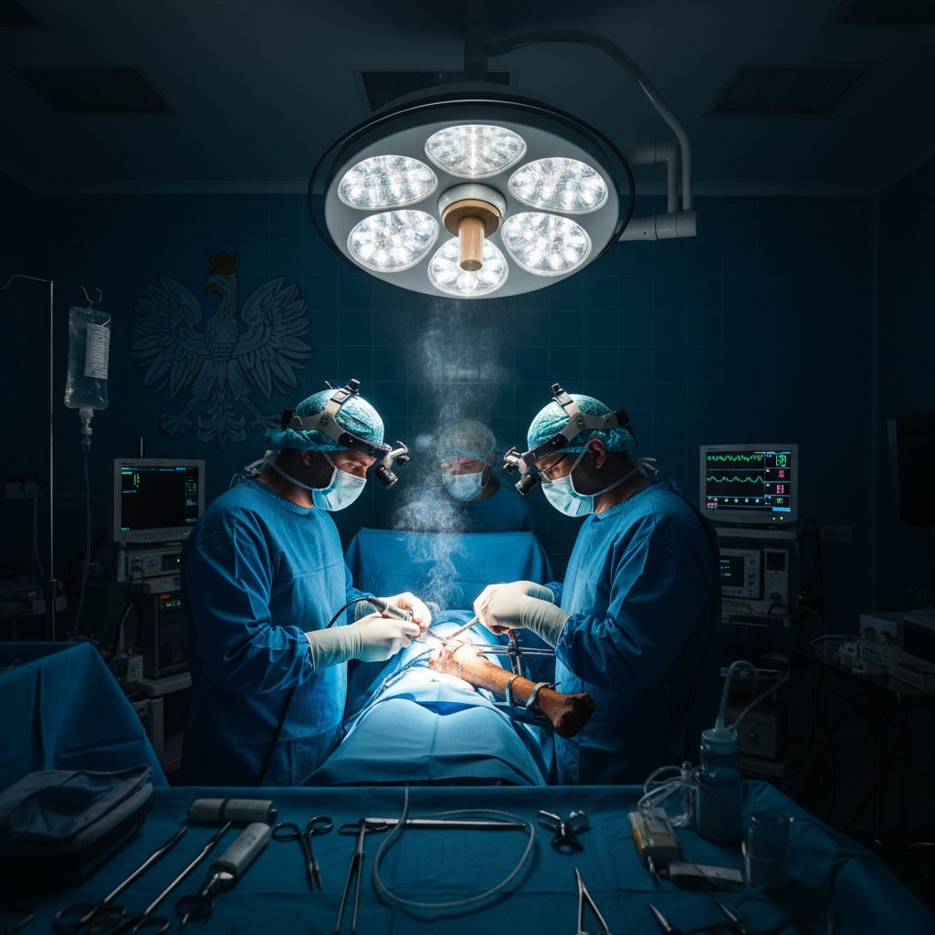 Chirurg ortopeda wykonujący osteotomię kolana z precyzyjnymi narzędziami i implantami