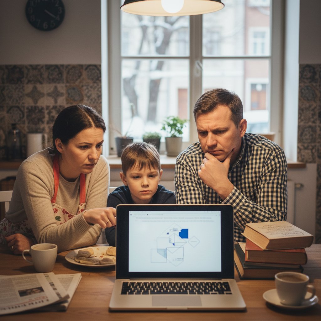 Rodzic i dziecko oceniają platformę korepetycji online, startup online korepetycje, sceptyczny wyraz twarzy