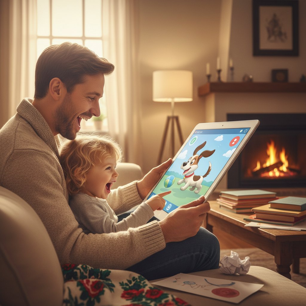 Rodzic i dziecko razem bawiący się wirtualnym psem na tablecie