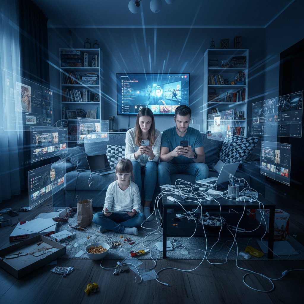 Rodzic i dziecko przy smartfonach, kontrast relacji i cyfrowego chaosu