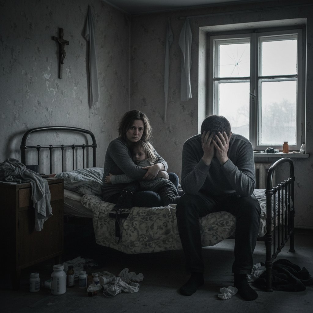 Rodzic siedzący przy łóżku dziecka, depresja u dzieci, emocje, rodzinna bezsilność