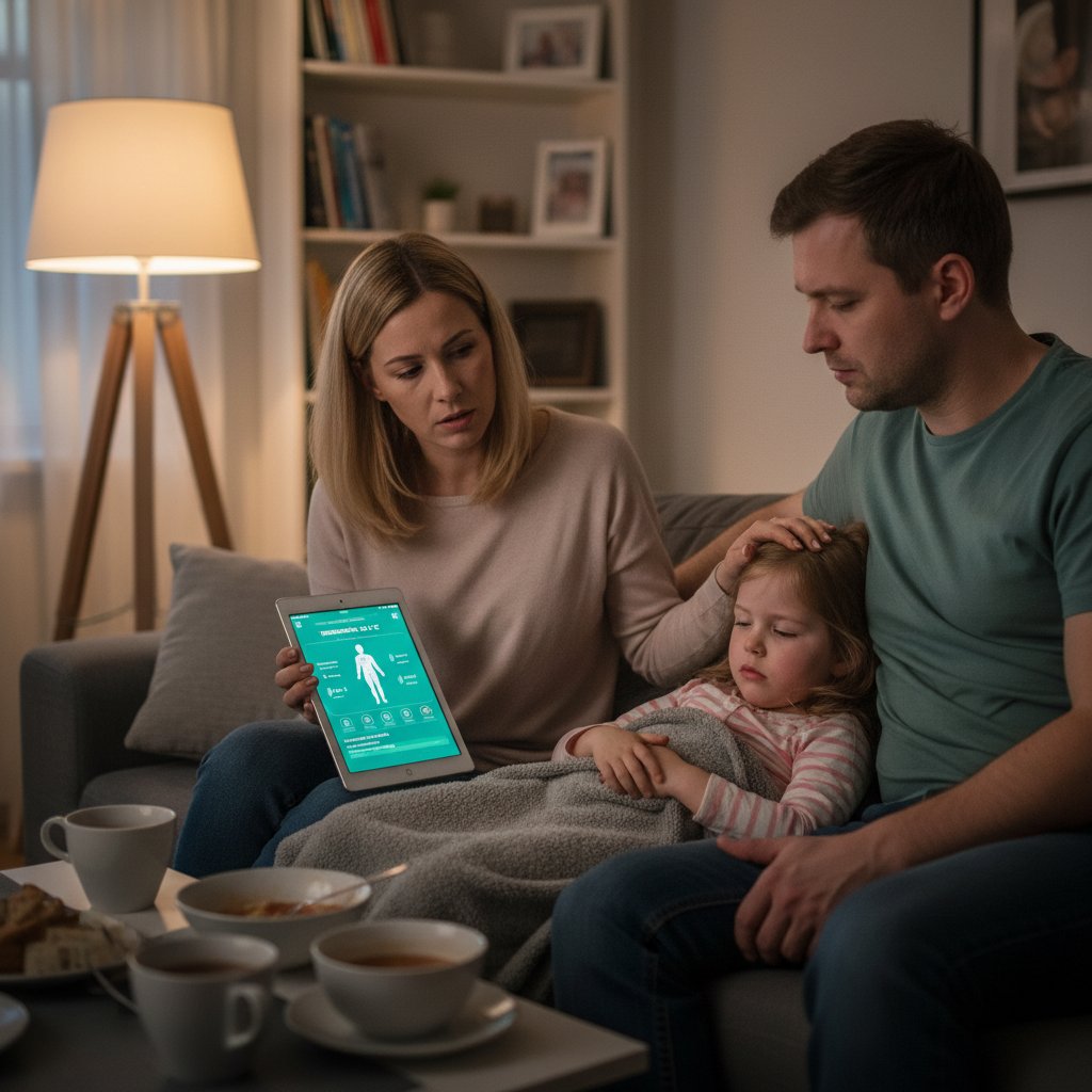 Rodzic korzysta z aplikacji zdrowotnej dla dziecka, obok zaniepokojone dziecko; scena wieczorna w polskim domu, ekran telefonu w centrum uwagi