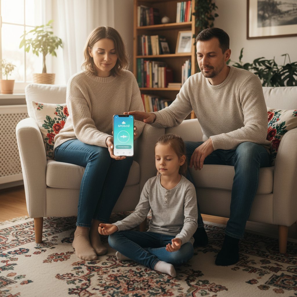 Rodzic korzystający z aplikacji mindfulness na smartfonie, scena domowa