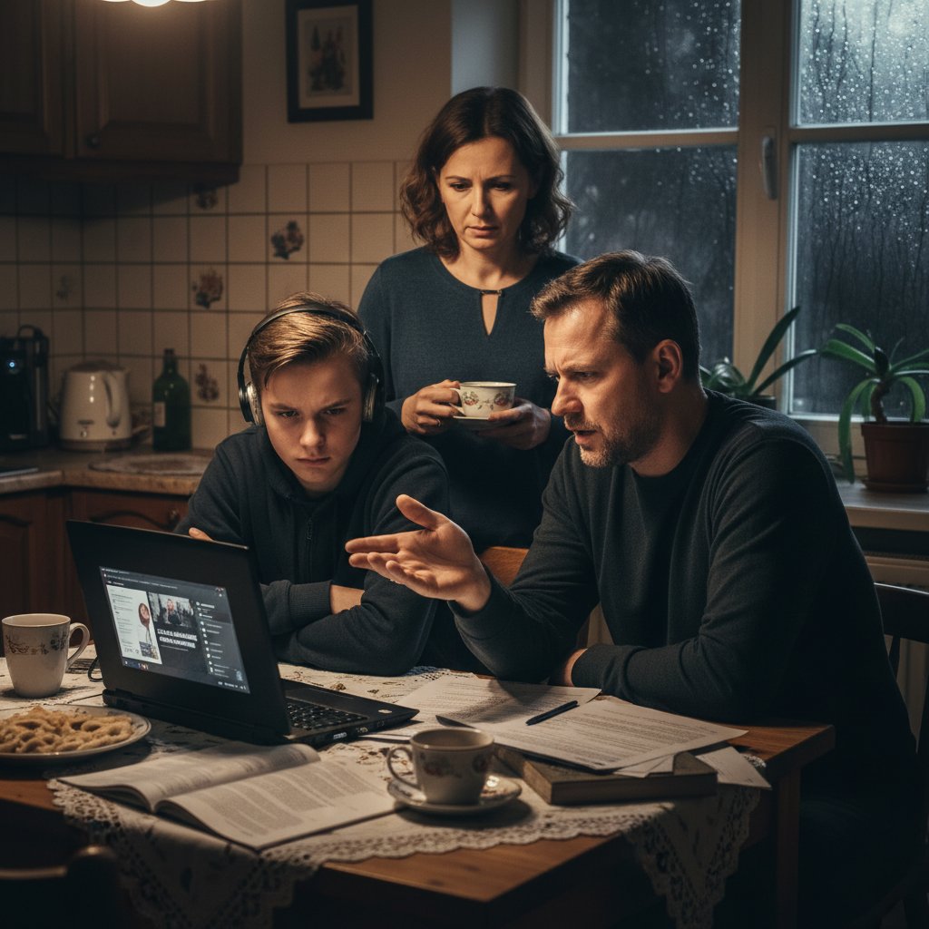 Rodzic i nastolatek dyskutujący o nauce geografii online