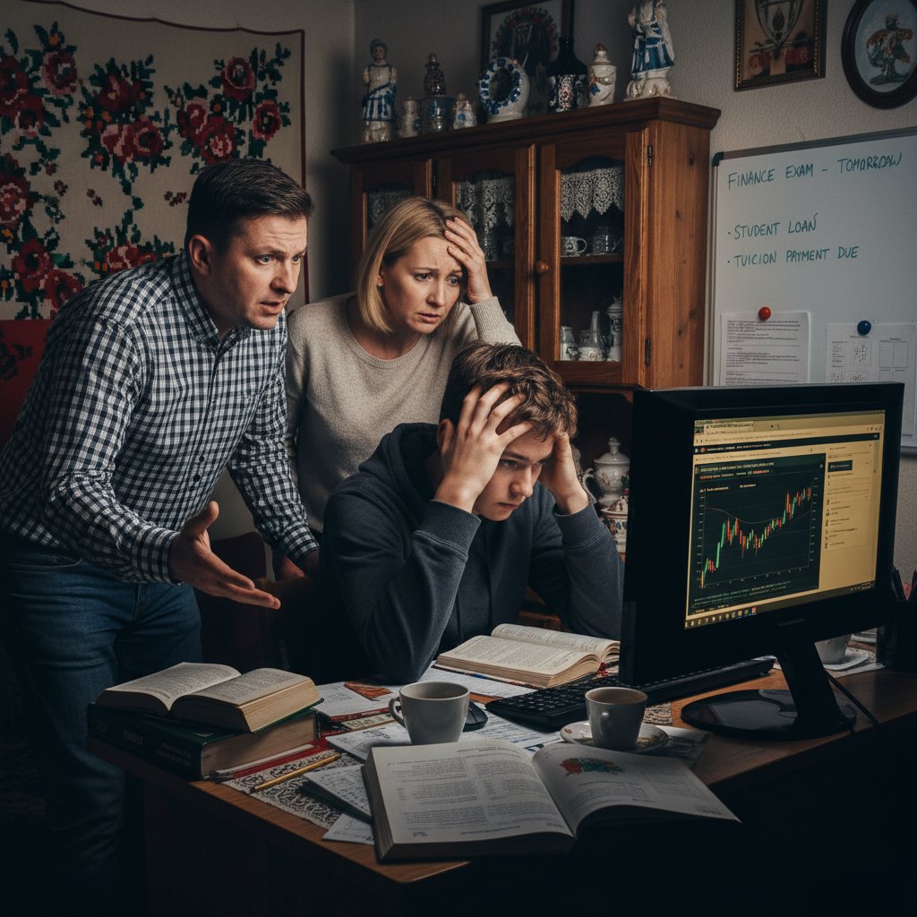 Polscy rodzice i uczeń przy komputerze podczas lekcji online, obrazując stres związany z korepetycjami finansowymi