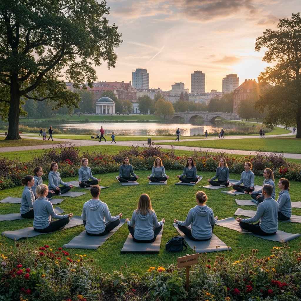 Grupa osób praktykujących uważność w miejskim parku w Polsce