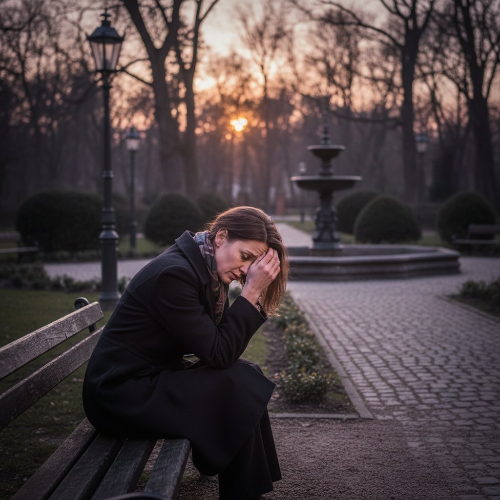 Osoba siedząca samotnie na ławce w polskim parku, zamyślona, z widocznym napięciem na twarzy, wieczorne światło, klimat niepokoju