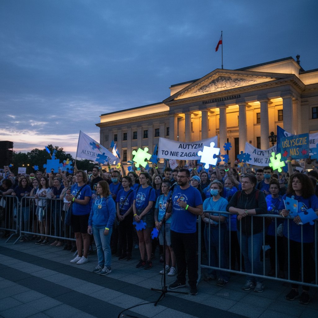 Aktywiści na tle sejmu walczący o prawa osób z autyzmem, protest, Polska, wieczór, atmosfera napięcia