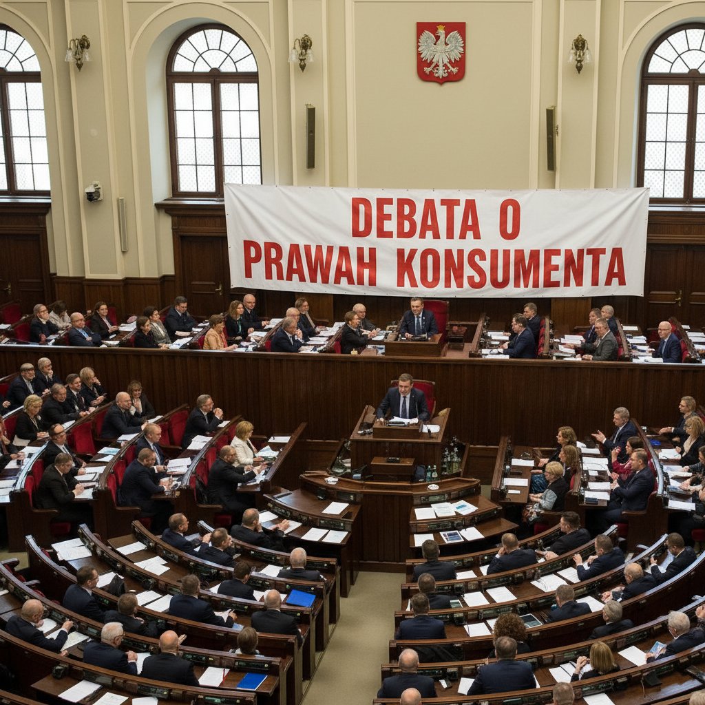 Sala sejmowa podczas debaty o prawach konsumenta, widoczne flagi Polski i UE