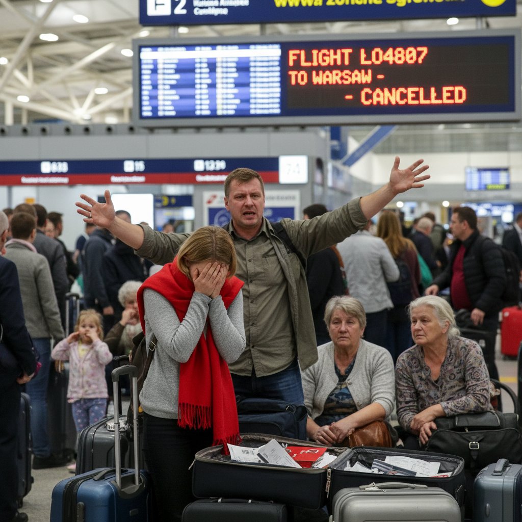 Osobiste emocje pasażerów oczekujących na lotnisku po anulowaniu lotu, Polska, 2024