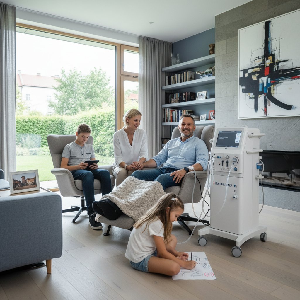 Pacjent podczas przygotowania aparatu do hemodializy domowej w salonie, w tle rodzina, atmosfera napięcia i nadziei, nowoczesny polski dom