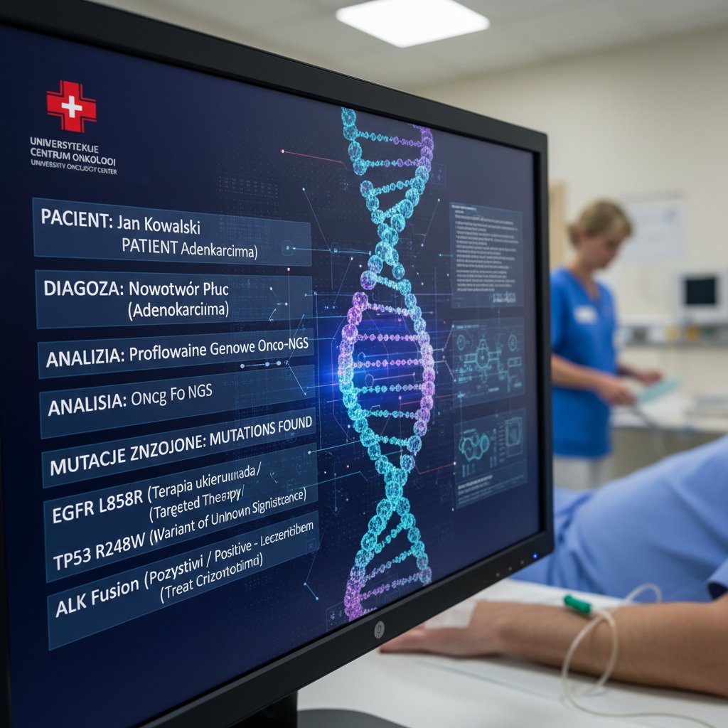 Polska pacjentka onkologiczna rozmawiająca z lekarzem przy monitorze z wizualizacją DNA