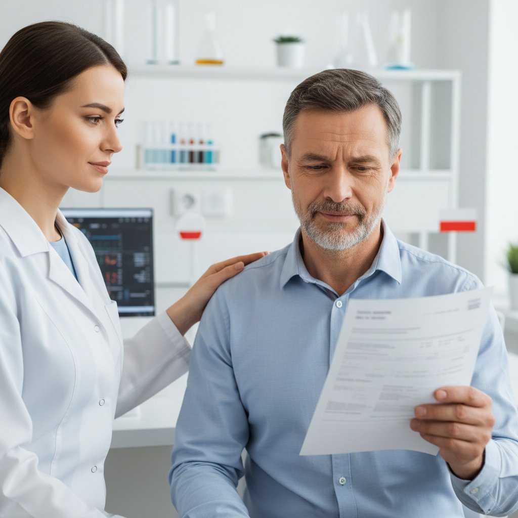 Polski pacjent odbierający wyniki badań w laboratorium, z mieszanymi emocjami