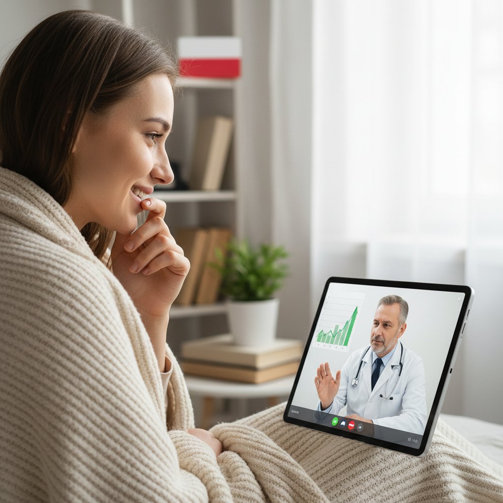 Polska pacjentka rozmawiająca z onkologiem online – emocje, nadzieja, szybka reakcja, medycyna cyfrowa