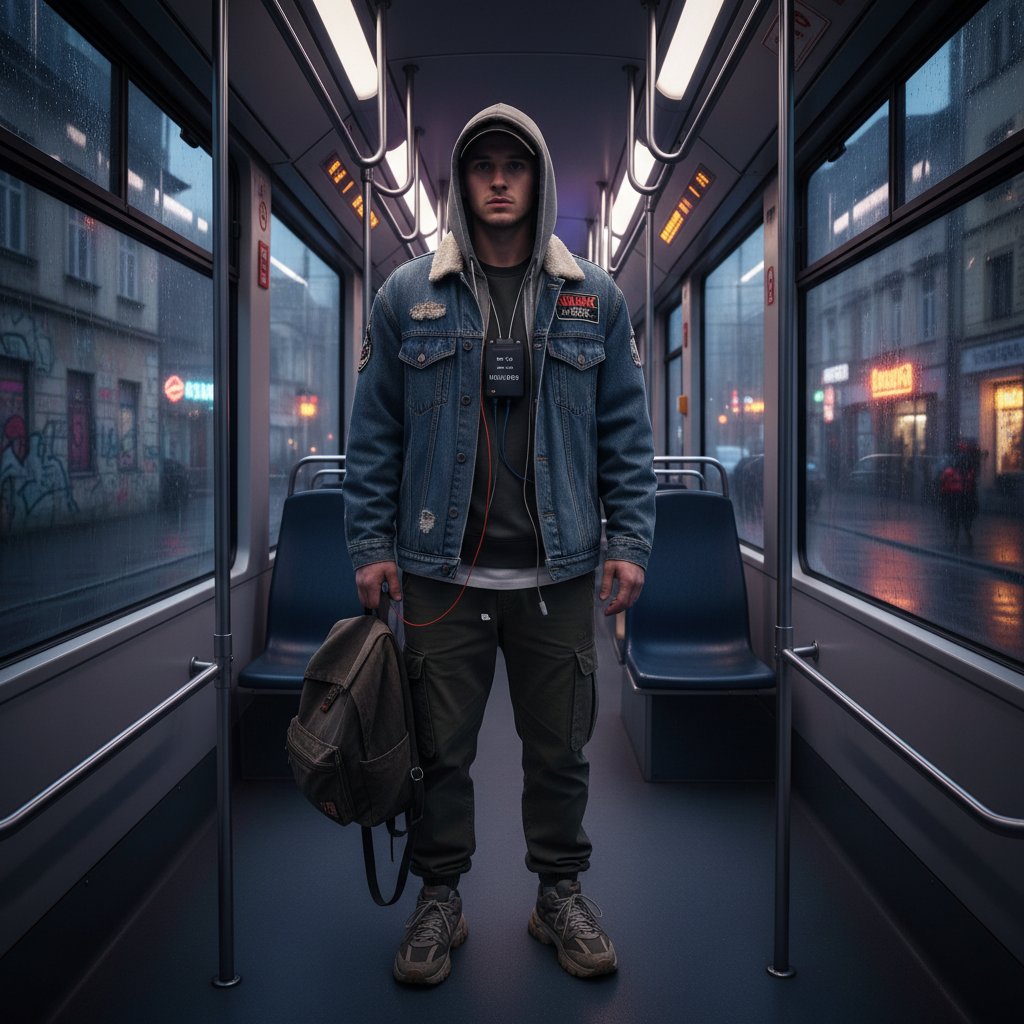 Pacjent w miejskiej przestrzeni z widocznymi elektrodami holtera EKG na klatce piersiowej, wyraźna atmosfera niepokoju i skupienia