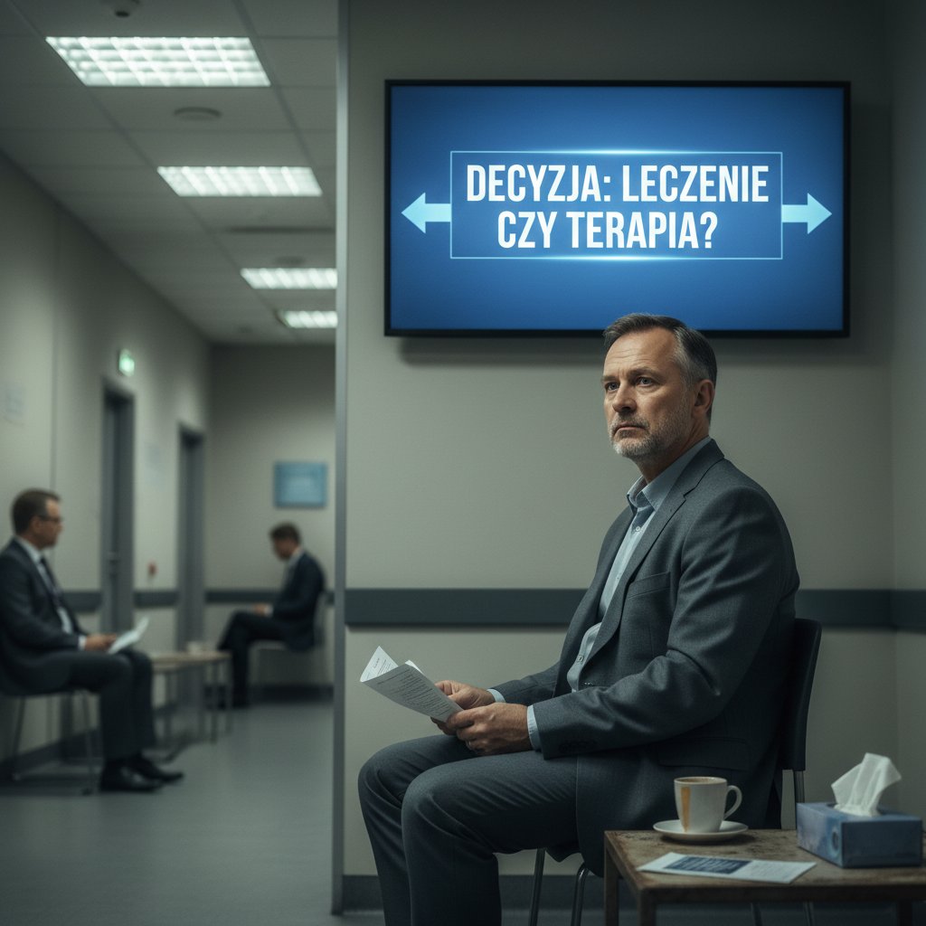 Pacjent zastanawiający się w poczekalni kliniki, decyzja o wizycie u reumatologa