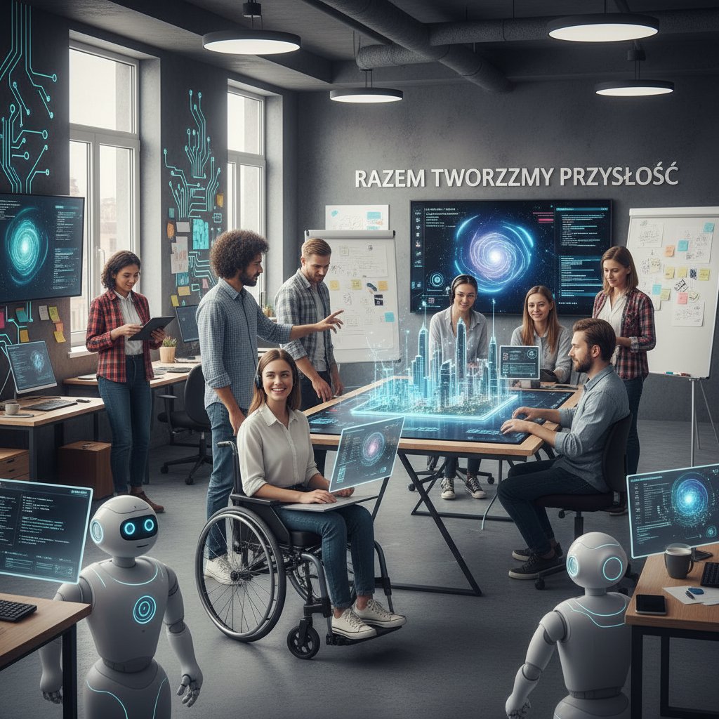 Polacy współpracujący z AI w kreatywnym środowisku, energetyczne zdjęcie biura i różnych pokoleń