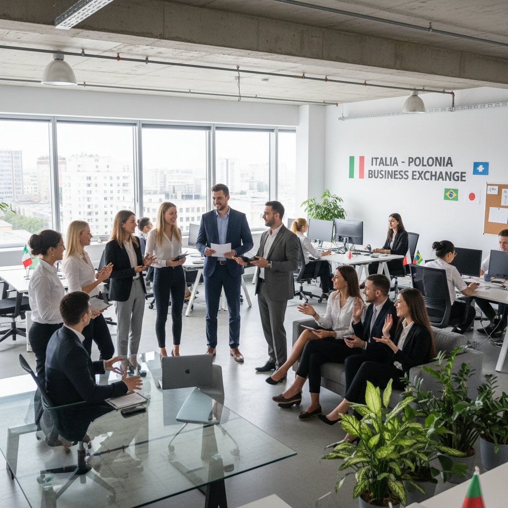 Polacy pracujący w biurze międzynarodowej firmy, rozmowy po włosku, nowoczesny open space