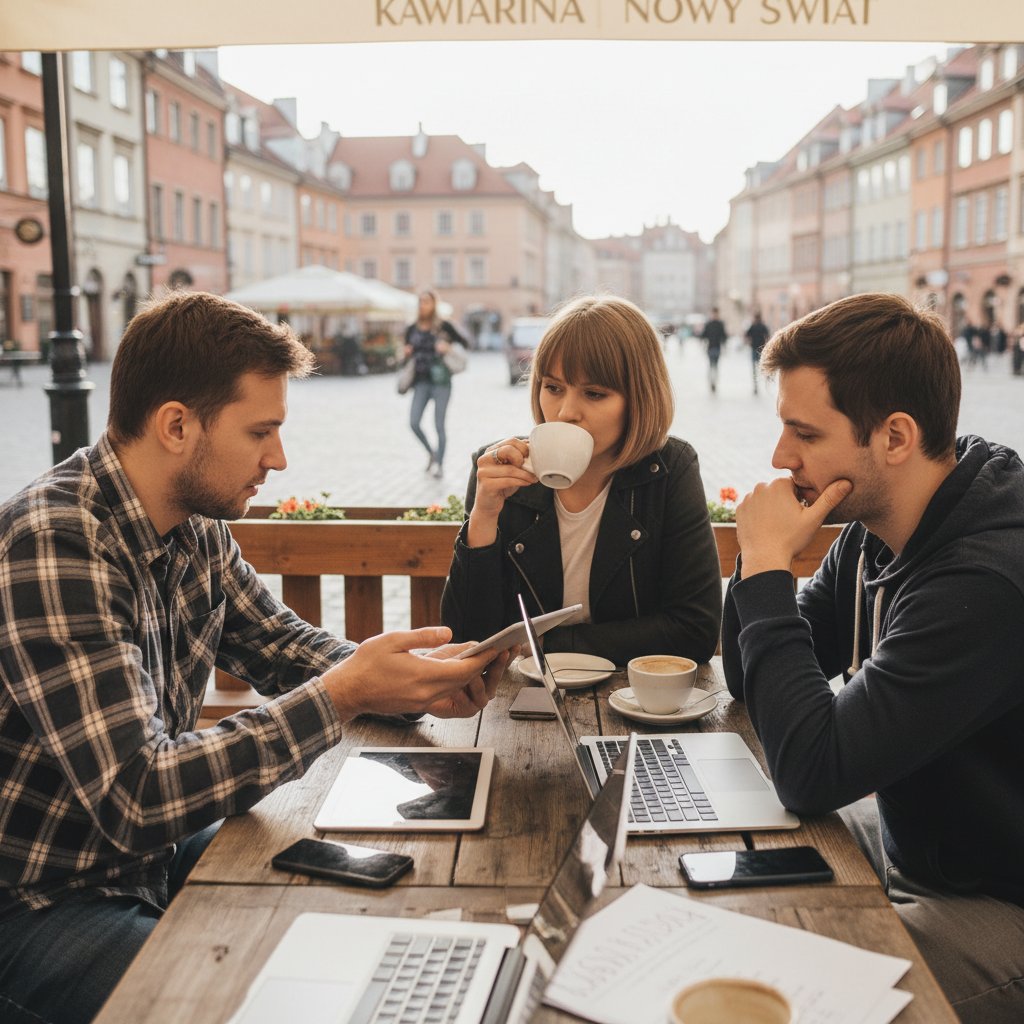 Grupa Polaków dyskutująca o technologii w kawiarni, kontrast kulturowy