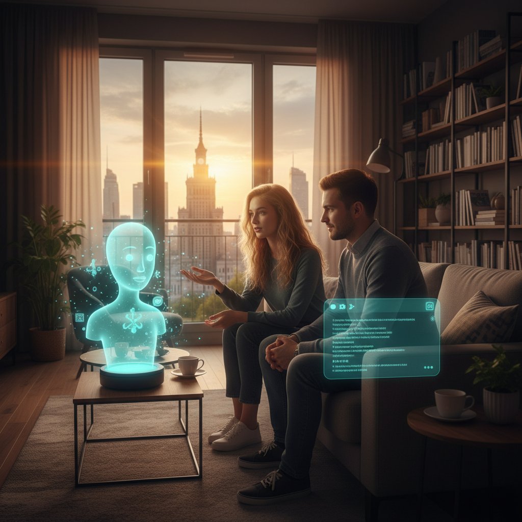 Ludzie rozmawiający z chatbotami AI w klasycznym warszawskim mieszkaniu, technologia wpleciona w codzienne życie