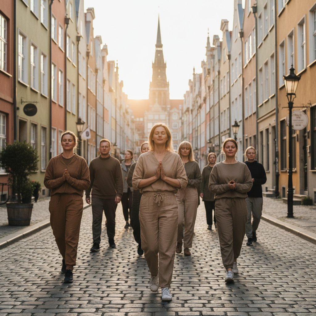Polacy idący ulicą, zamyśleni, skupieni na otoczeniu, życie miasta w tle