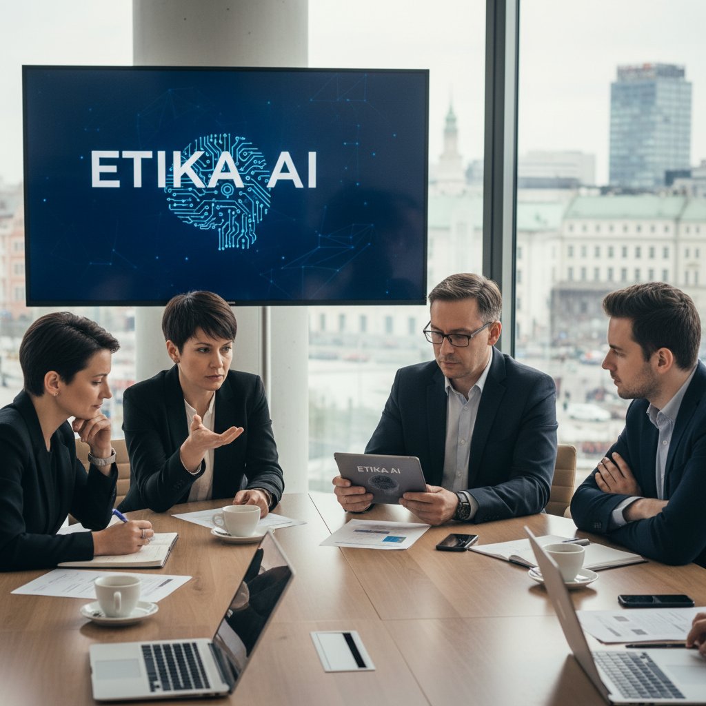 Polacy w różnym wieku dyskutujący o etyce AI przy stole