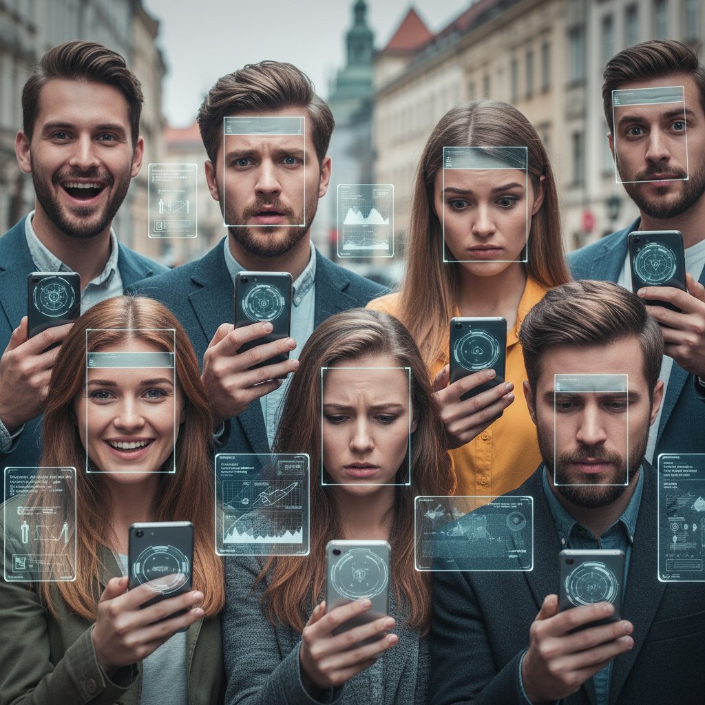 Grupa Polaków w różnym wieku patrzy w smartfony, na twarzach mieszane emocje