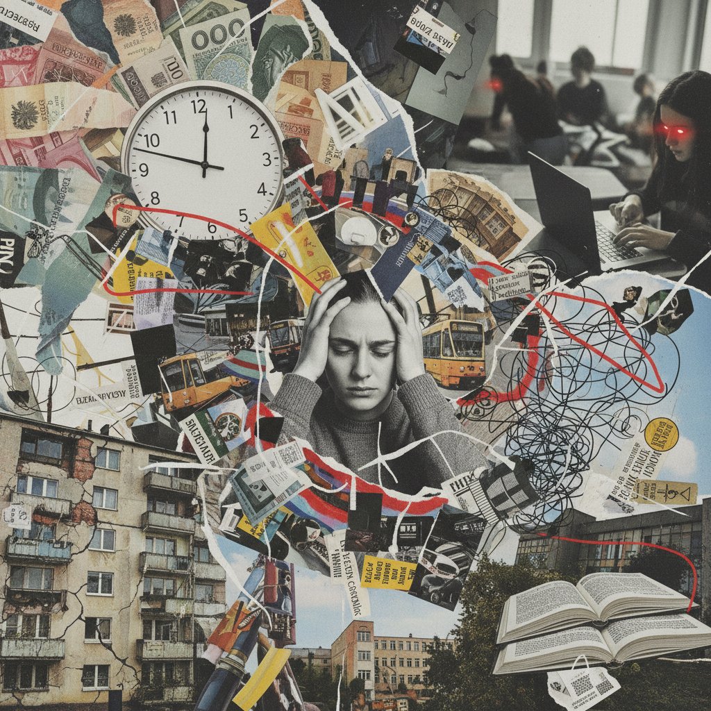 Kolaż: studentka z książkami, matka z dzieckiem na spacerze, freelancer z laptopem, emeryt w parku – codzienne stresy Polaków