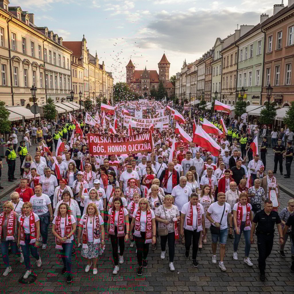 Grupa ludzi z flagami na ulicy podczas marszu społecznego w Warszawie – polska specyfika zaangażowania