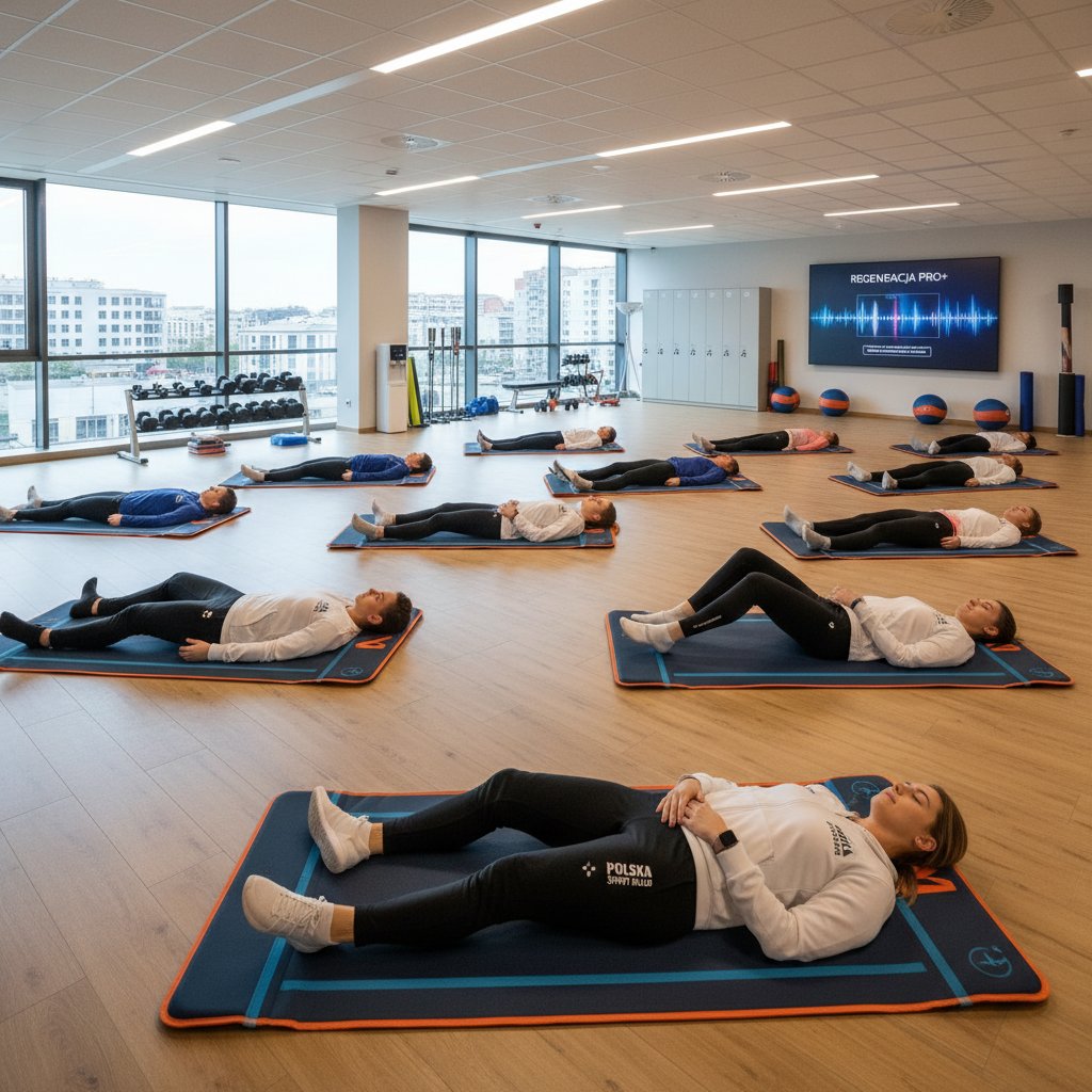 Grupa Polaków korzystających z maty PEMF w klubie sportowym