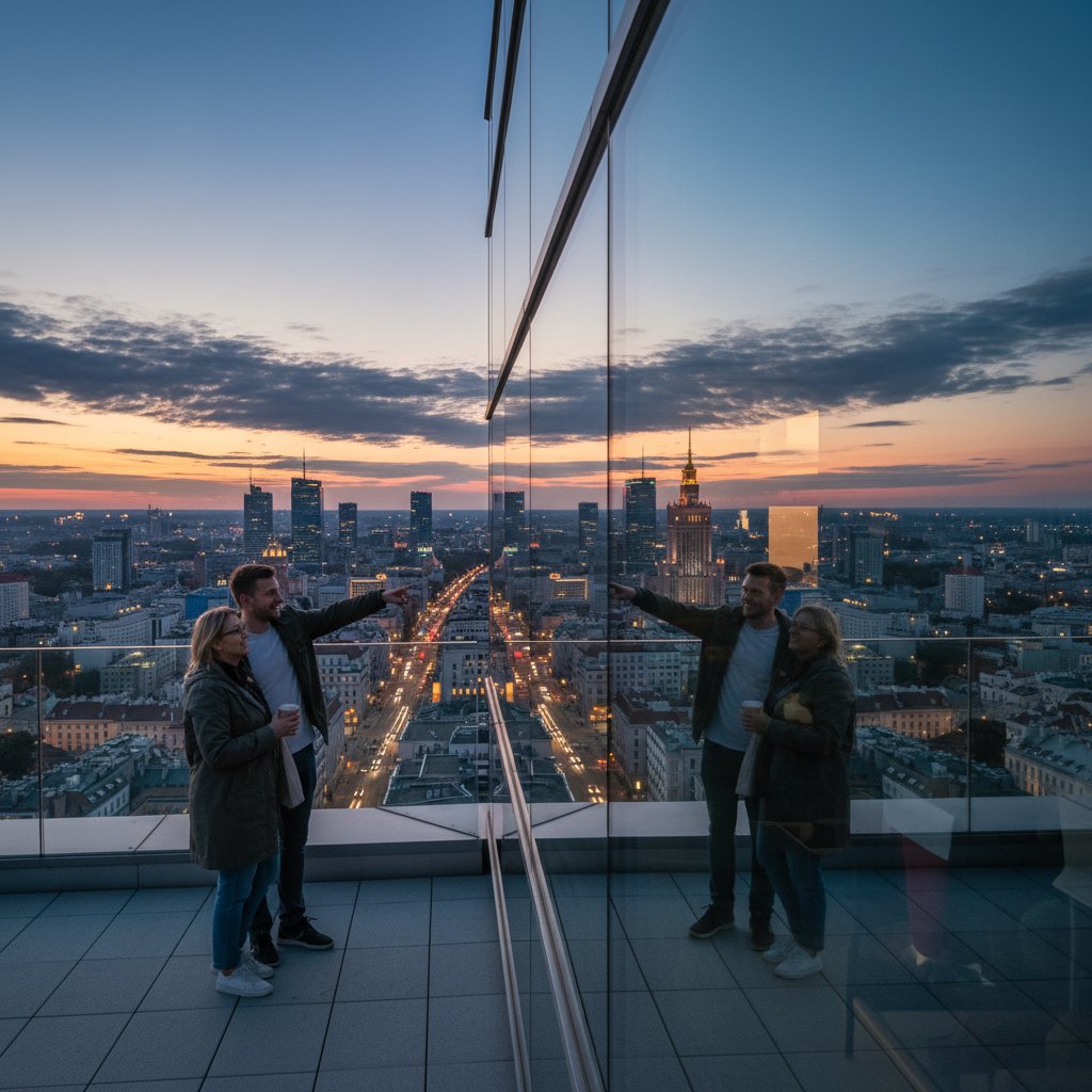 Polacy na tle panoramy Warszawy patrzący zamyśleni na miasto, aura napięcia i refleksji